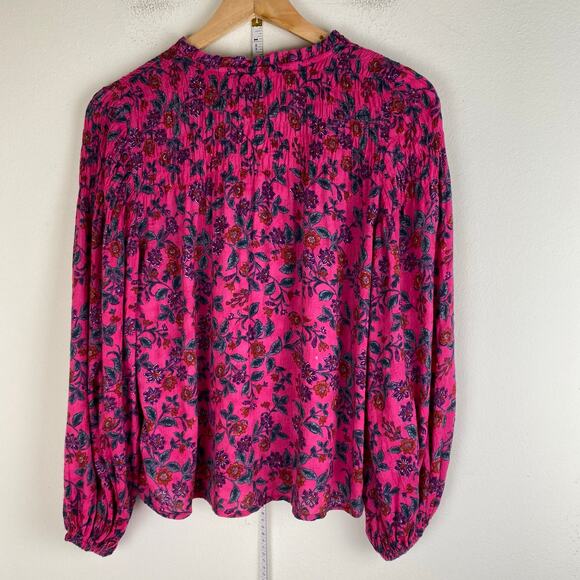Maeve Calais Peasant Blouse Size XS Fuschia Pink Blue Floral Top Anthropologie - Picture 10 of 14